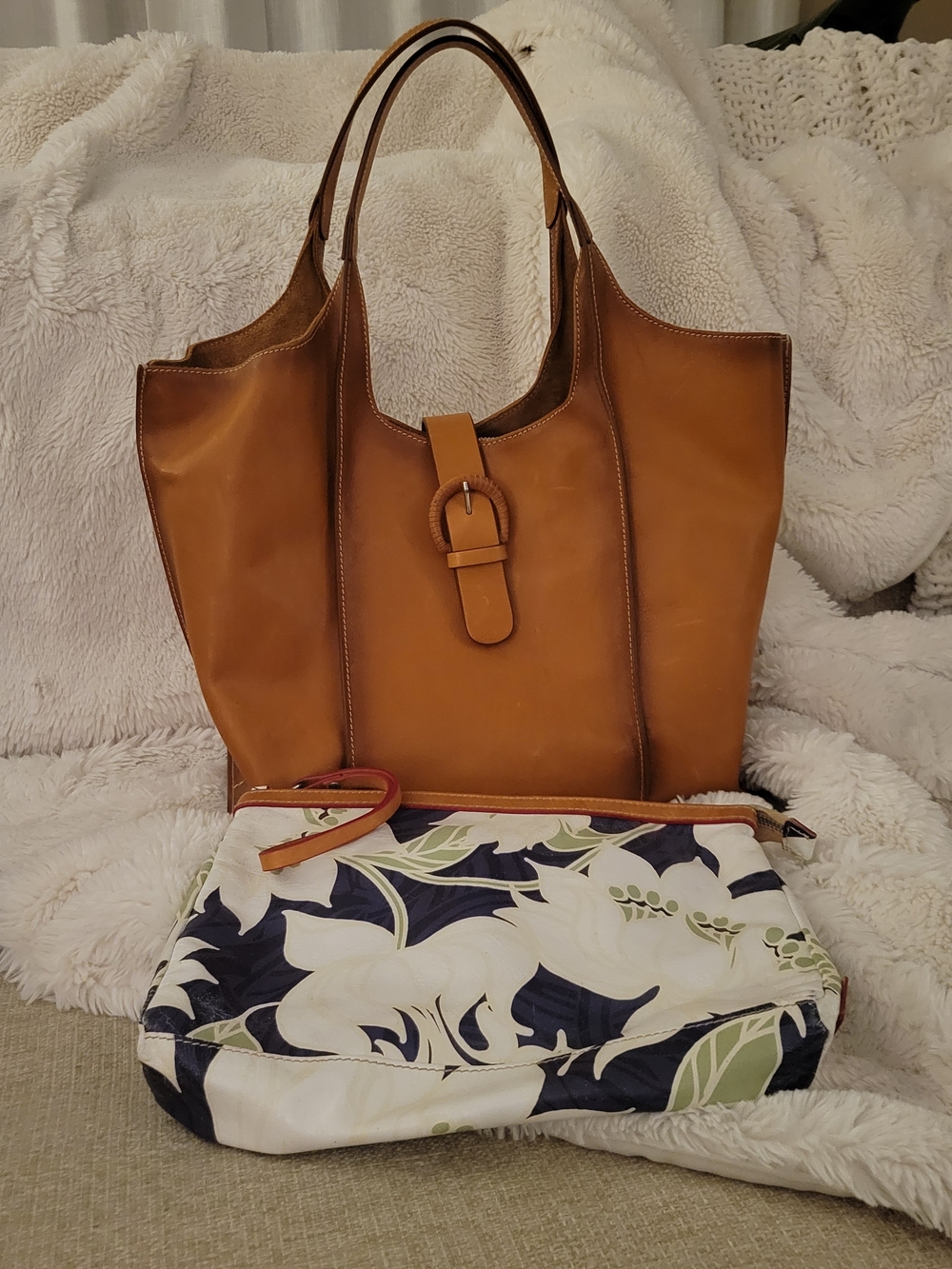 Cavalcanti Cognac Leather Tote with Floral Clutch